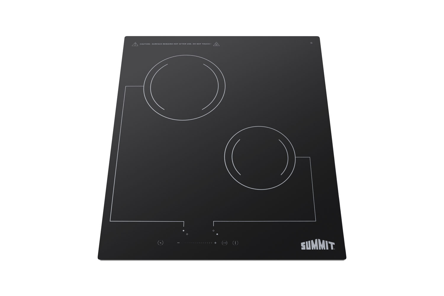 2-burner 220V radiant cooktop with digital touch controls and black glass surface